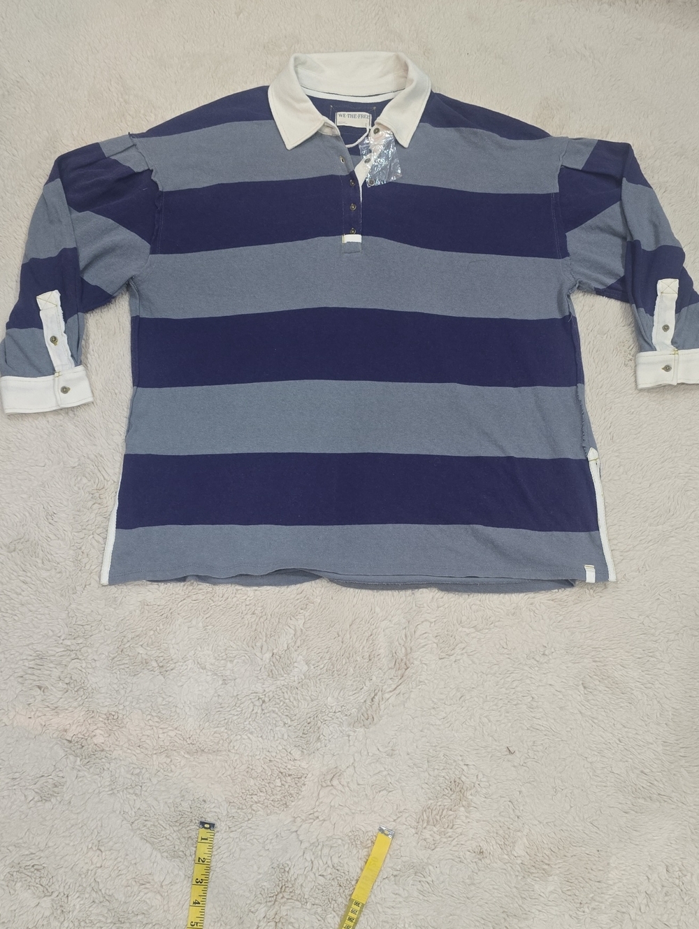 We The Free Striped Rugby Polo in Navy & Light Blue with White Collar